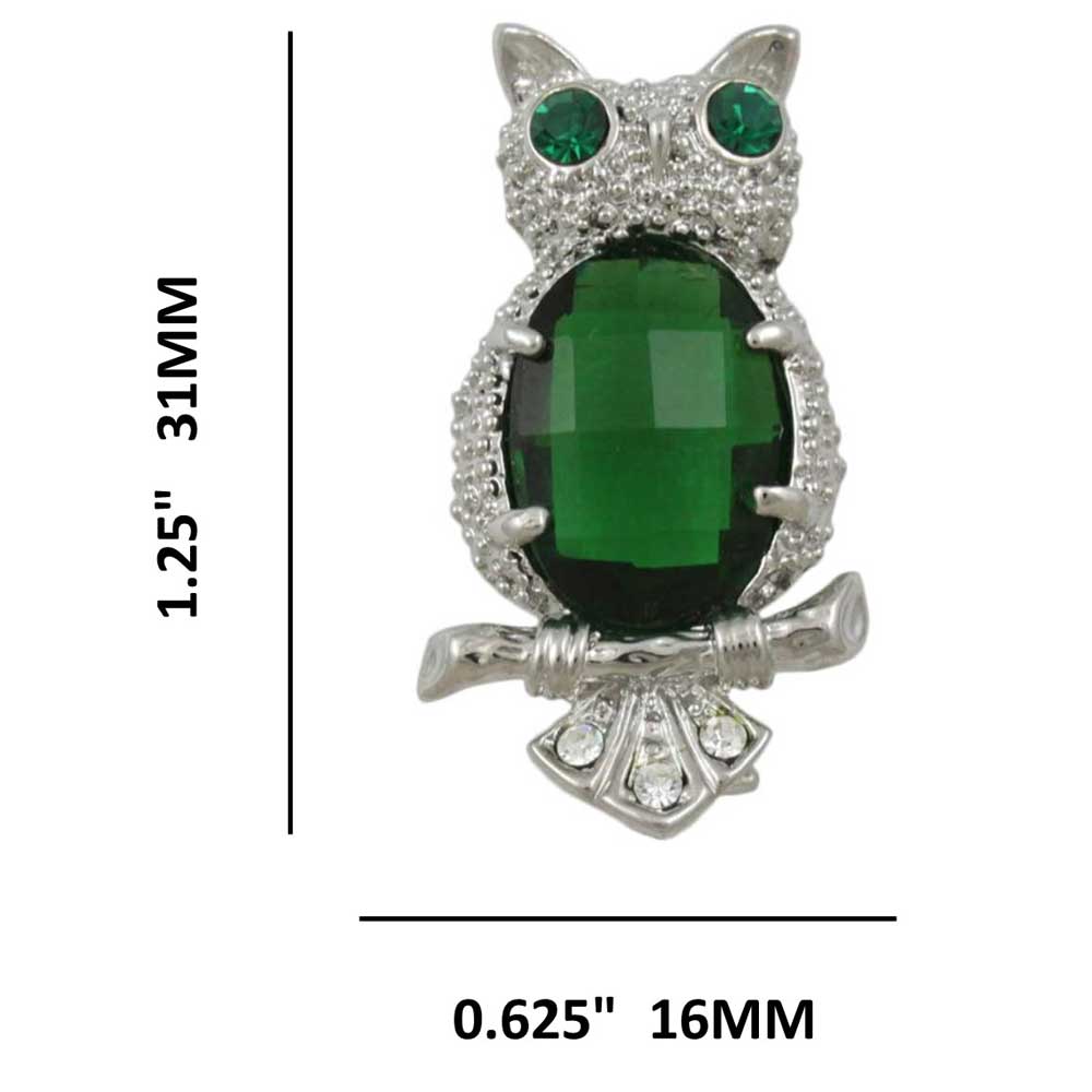 Green Belly Owl with Green Crystal Eyes Brooch Pin shown with measurements - Lilylin Designs
