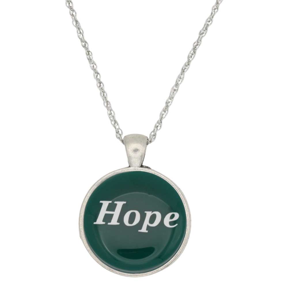 A silver chain necklace with a round pendant featuring a dark green background and the word 'Hope' in white script, shown on a plain white background - Lilylin Designs