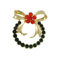 Green Crystal Christmas Wreath with Red Daisy Brooch Pin - Lilylin Designs