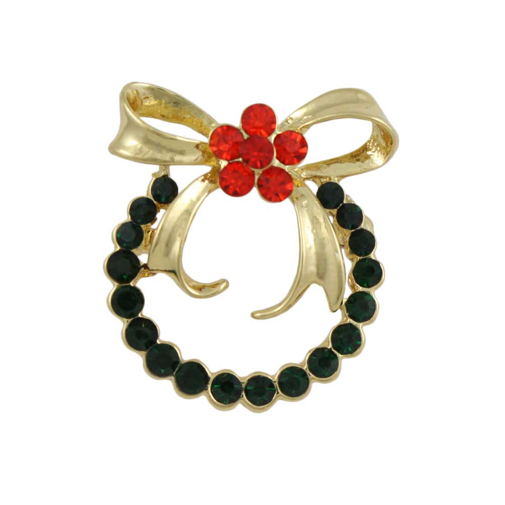 Green Crystal Christmas Wreath with Red Daisy Brooch Pin - Lilylin Designs