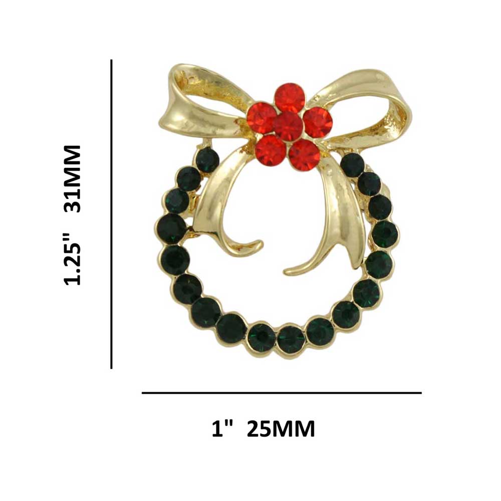 Green Crystal Christmas Wreath with Red Daisy Brooch Pin with measurements - Lilylin Designs