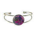 Silver cuff bracelet with pink handcrafted clay stone on white background | Lilylin Designs