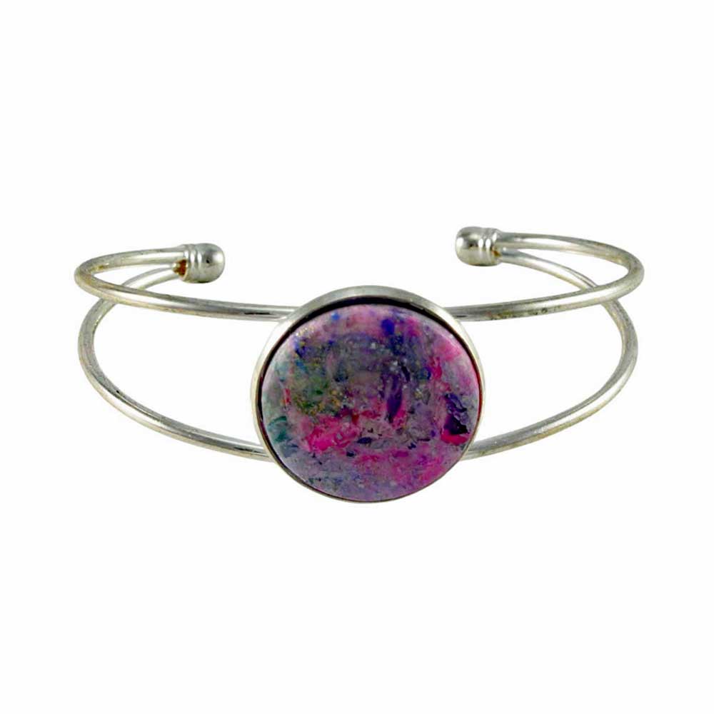 Silver cuff bracelet with pink handcrafted clay stone on white background | Lilylin Designs