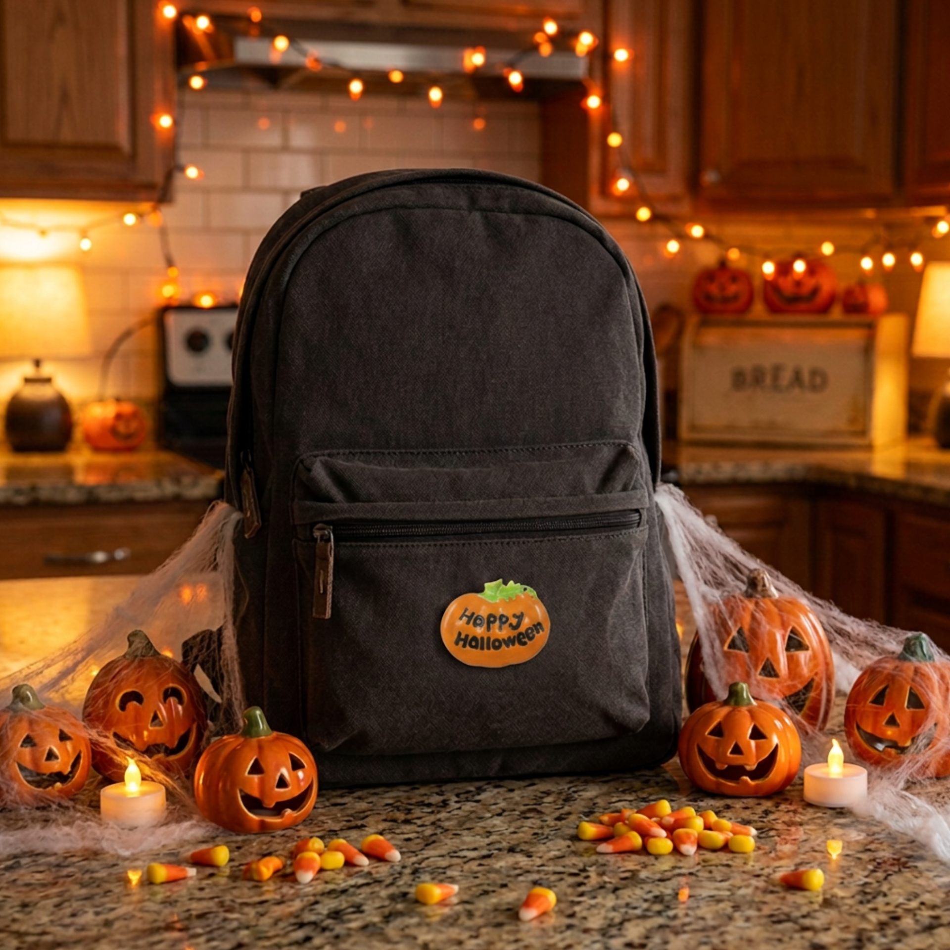"Happy Halloween" Orange Enamel Pumpkin Brooch Pin on backpack - Lilylin Designs