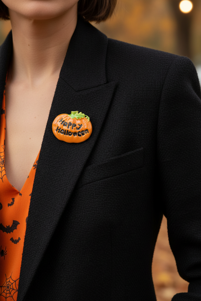 Model wearing "Happy Halloween" pumpkin brooch pin on a black jacket - Lilylin Designs
