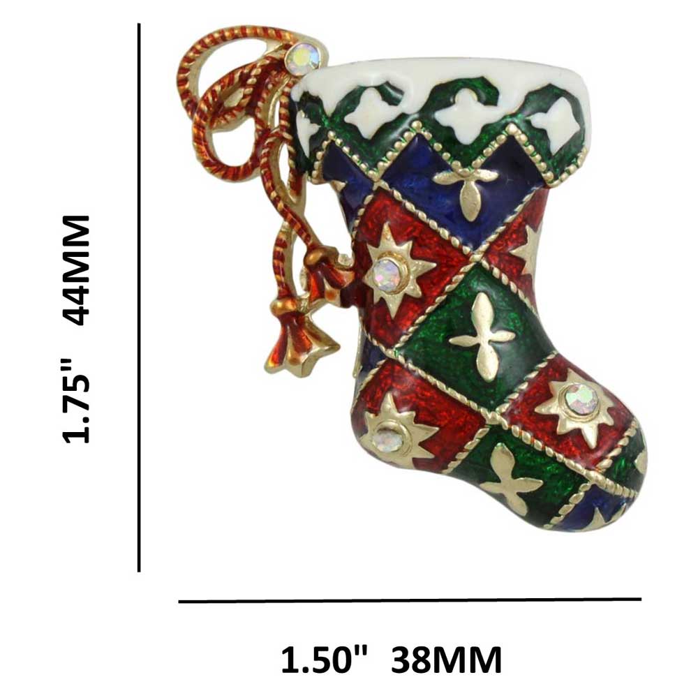 Colorful Enamel Harlequin Christmas Stocking Brooch Pin with measurements - Lilylin Designs
