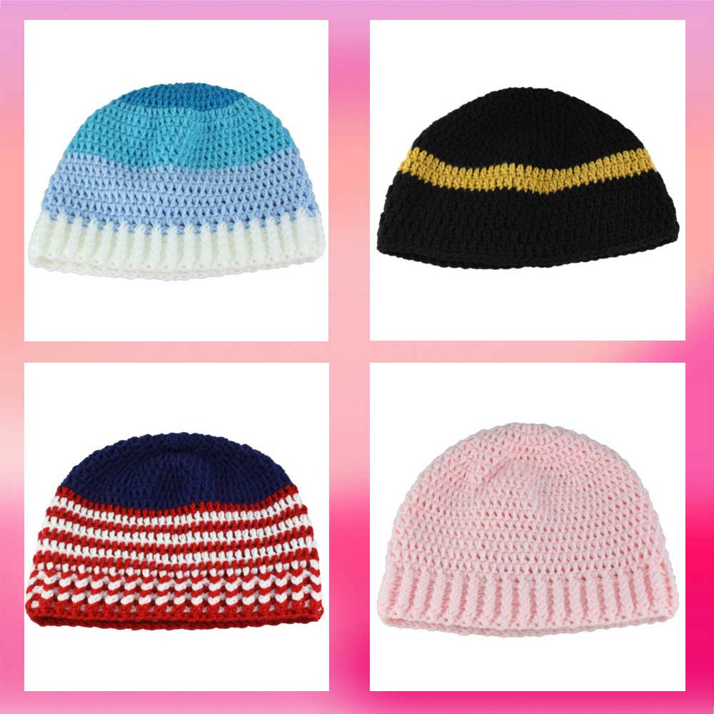 Lilylin Designs one of a kind crochet hat includes bright and bold pastel team inspired beanies slouchies and summer hats