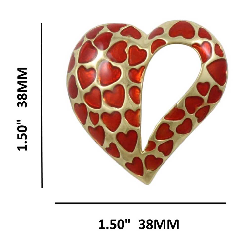 Open Heart with Multiple Red Enamel Hearts Brooch Pin showing measurements - Lilylin Designs