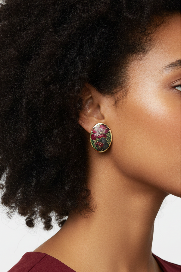 Model wearing red hibiscus cloisonne earring - Lilylin Designs
