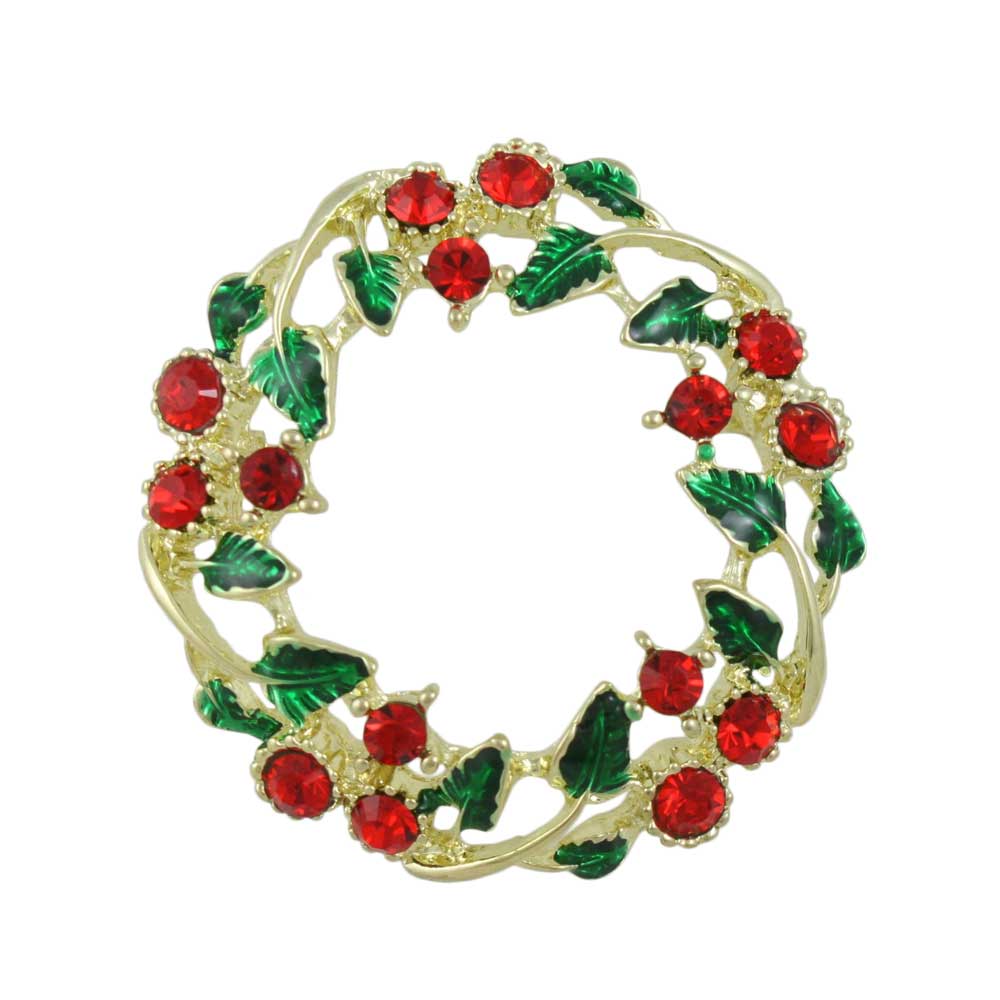 Green Leaves and Red Berries Christmas Wreath Brooch Pin - Lilylin Designs
