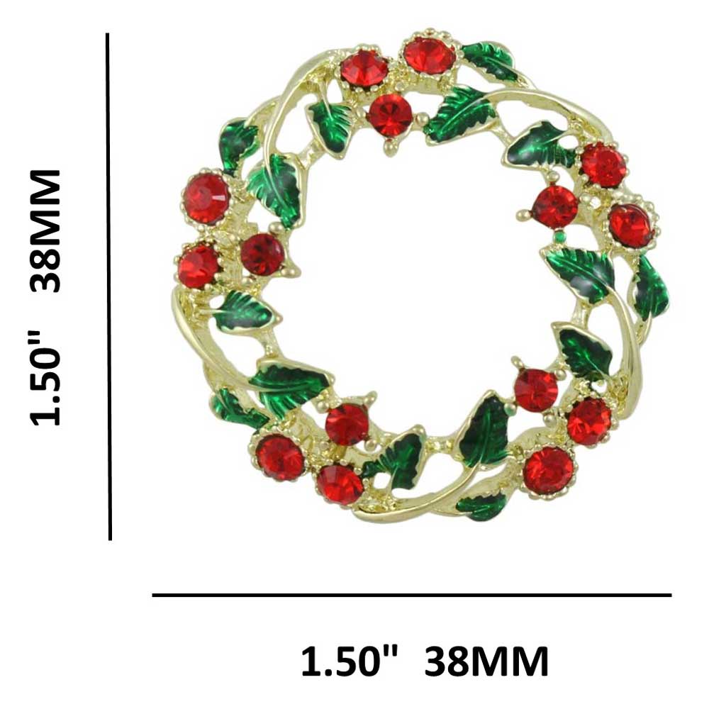 Green Leaves and Red Berries Christmas Wreath Brooch Pin with measurements - Lilylin Designs