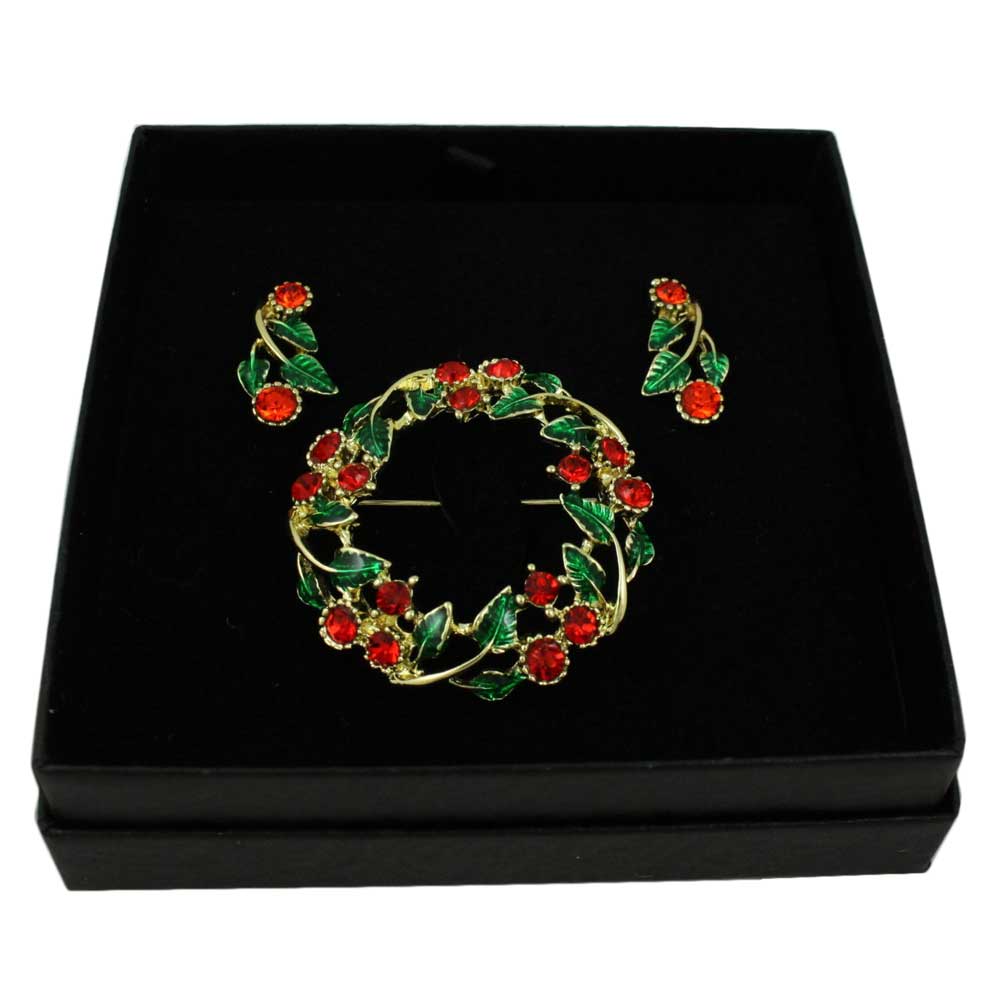 Crystal Holly Wreath Pin and Clip Earring Gift Set in black gift box  - Lilylin Designs