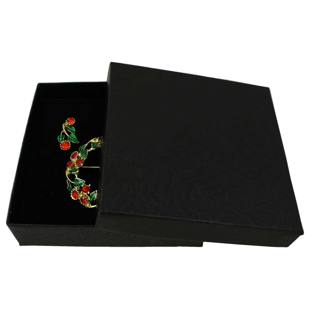 Crystal Holly Wreath Pin and Clip Earring Gift Set in black gift box partially closed - Lilylin Designs