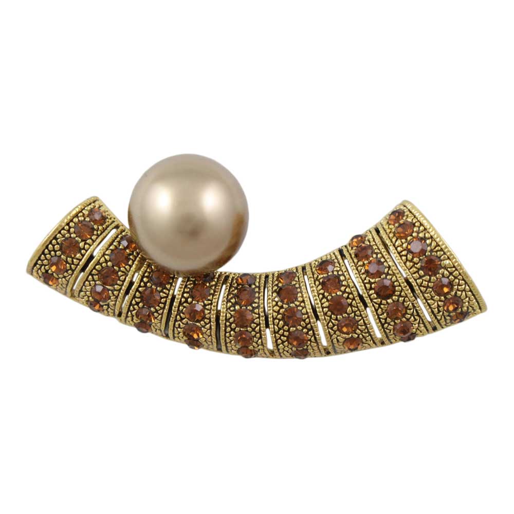 Antique Gold Bar with Brown Crystals and Brown Pearl Brooch Pin - Lilylin Designs