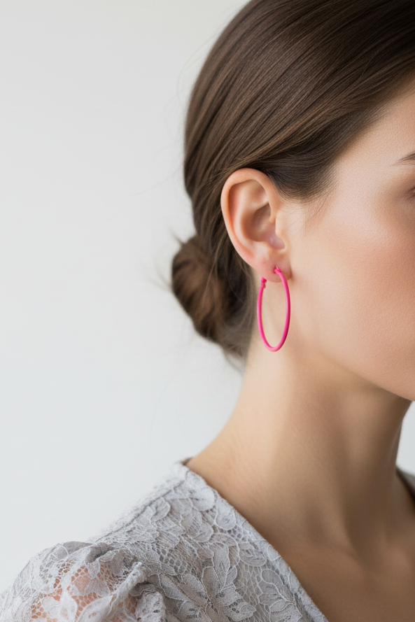 Model wearing pink enamel skinny hoop earring - Lilylin Designs