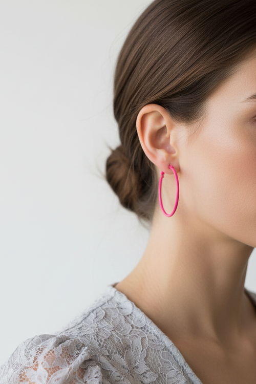 Model wearing pink enamel skinny hoop earring - Lilylin Designs