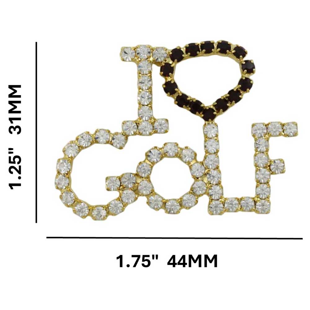 Gold with Clear and Red Crystals I Love Golf Brooch Pin with measurements - Lilylin Designs