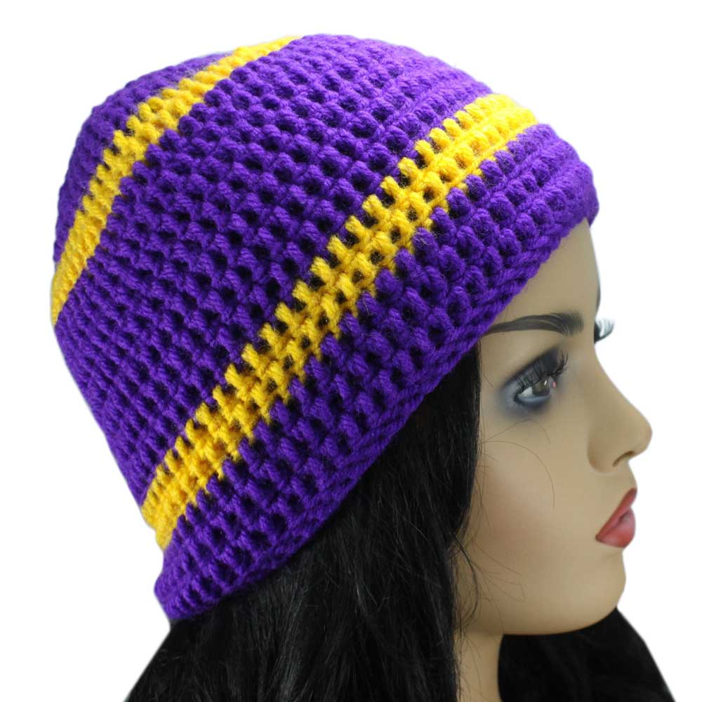 Lilylin Designs Purple and Gold Yellow Crochet Beanie Hat-side