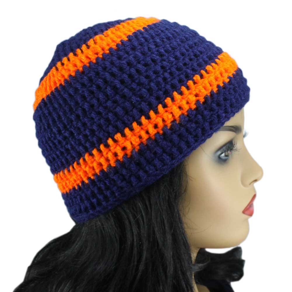 Lilylin Designs Navy Blue and Orange Medium/Large Crochet Beanie Hat-side