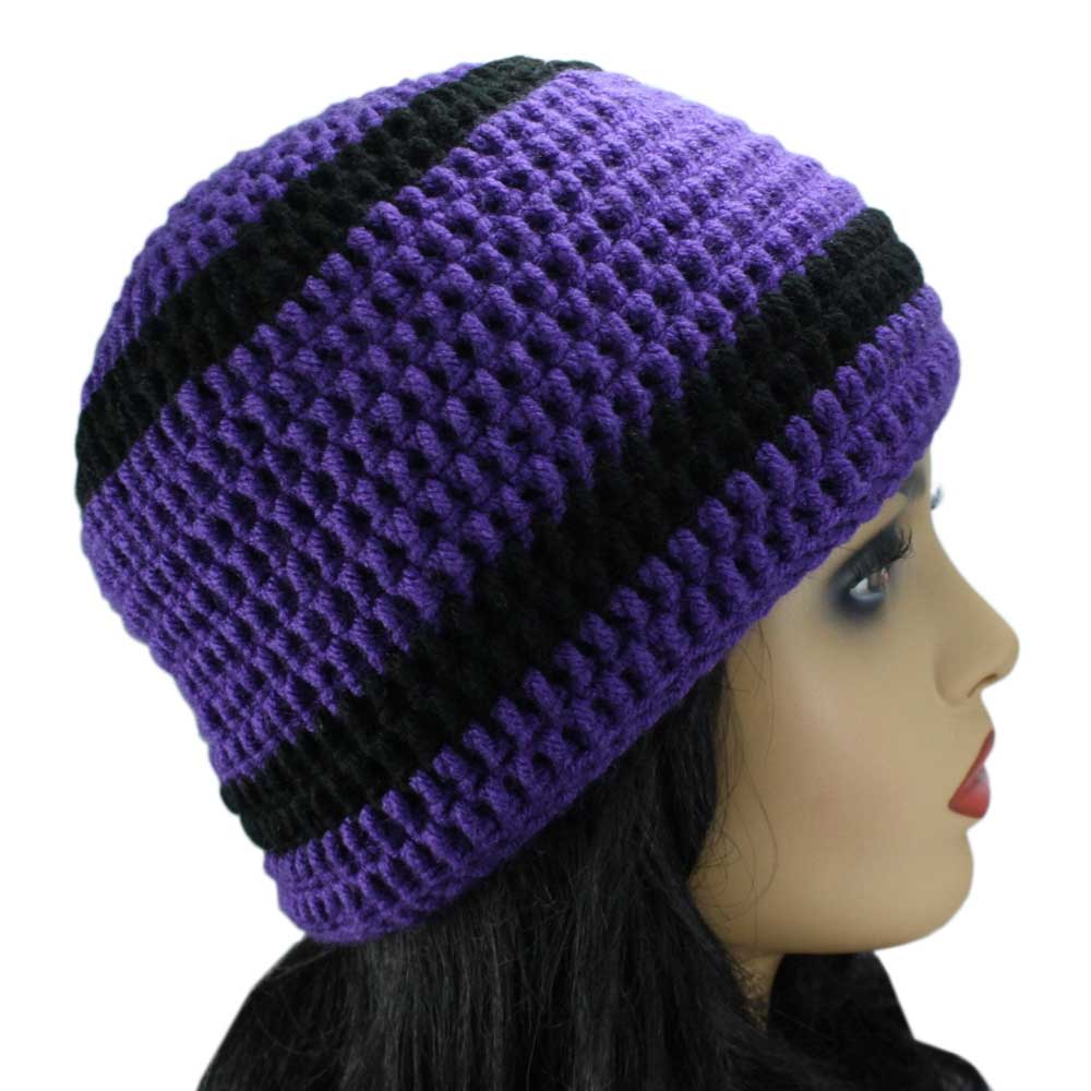 Lilylin Designs Purple and Black Beanie Crochet Hat-side
