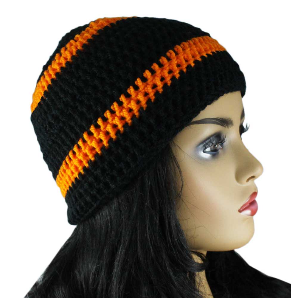 Lilylin Designs Black and Orange Crochet Beanie Hat-side