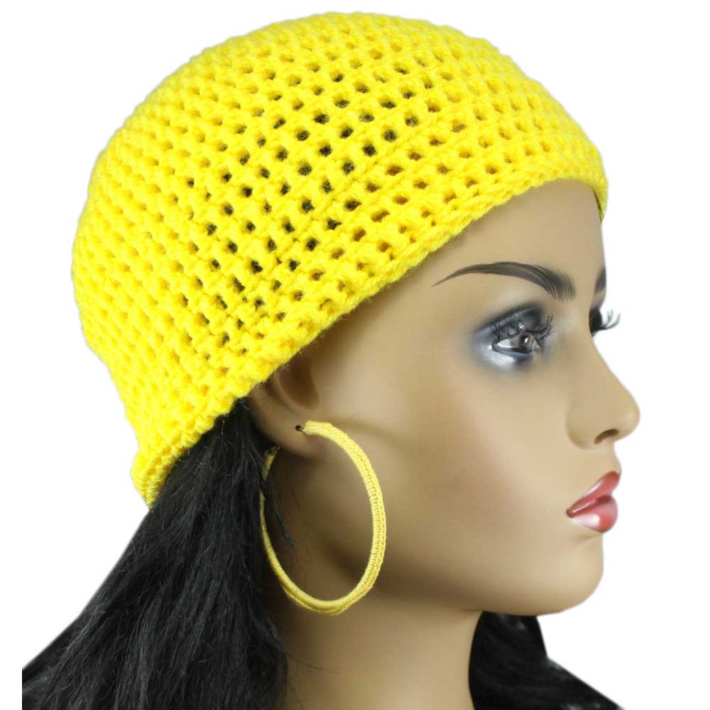 Model with Lilylin Designs Lemon Yellow Medium/Large Crochet Beanie Hat and Earrings