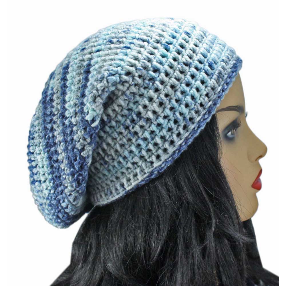 Blue White and Gray Medium/Large Slouchy Crochet Hat-side