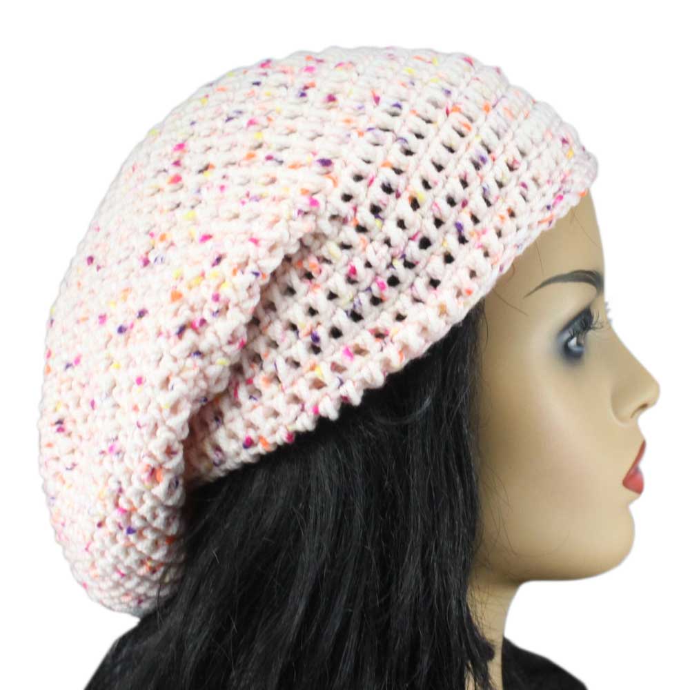 Lilylin Designs Pink Speckled Medium/Large Crochet Slouchy Hat-side