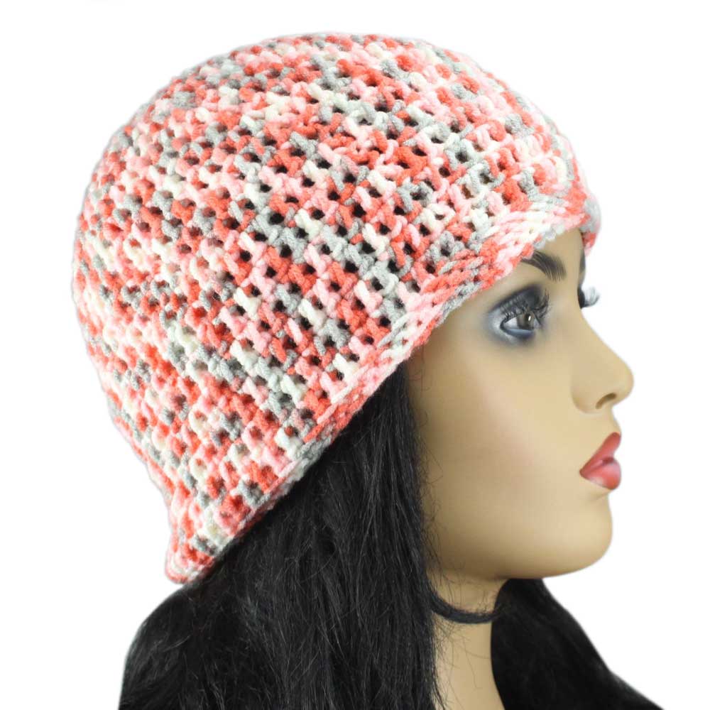 Orange Pink Gray White Medium/Large Crochet Beanie Hat-side