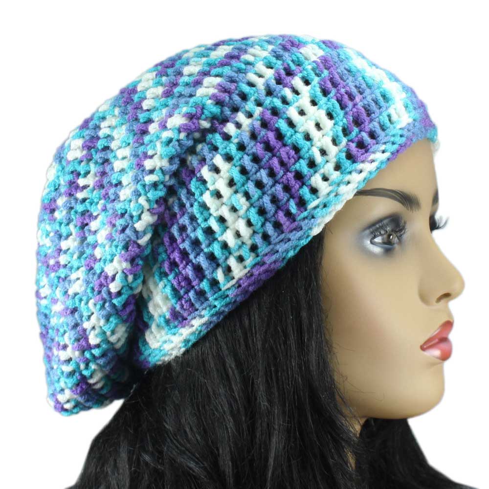Lilylin Designs Blue, Purple, and White Crochet Slouchy Hat Medium/Large-side