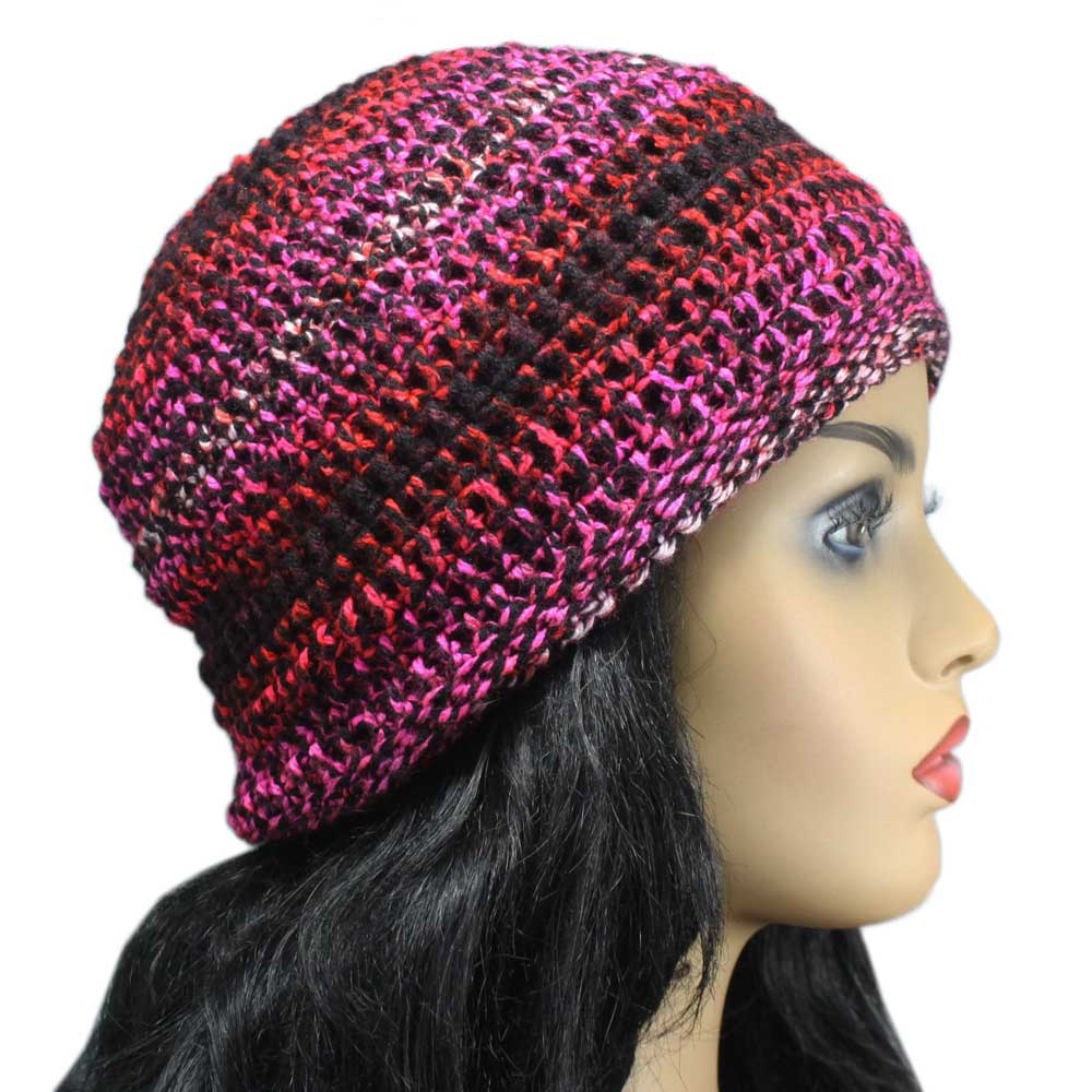 Lilylin Designs Red Black Pink Crochet Beanie Hat Medium/Large-side