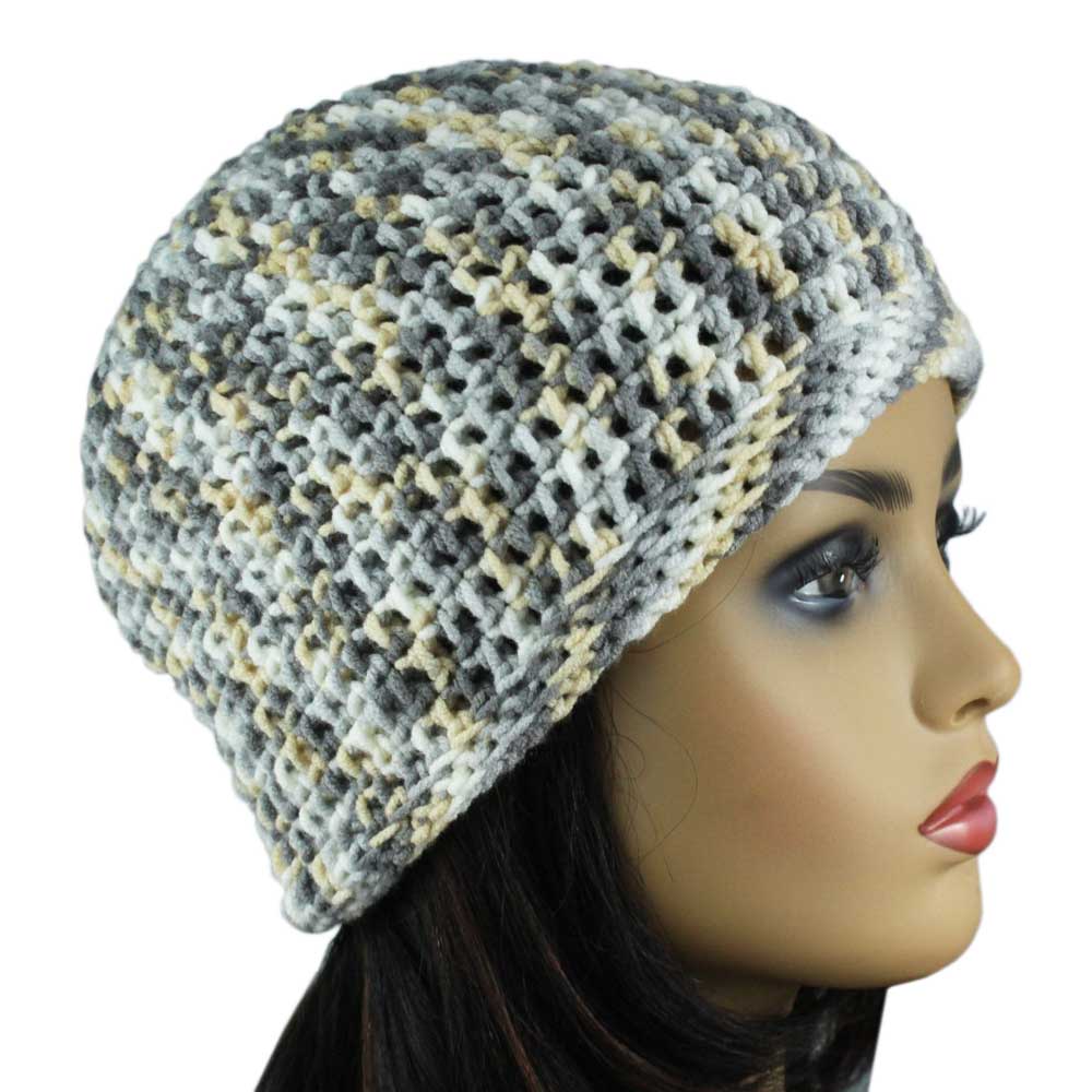 Lilylin Designs Gray White Yellow Medium/Large Crochet Beanie Hat-side