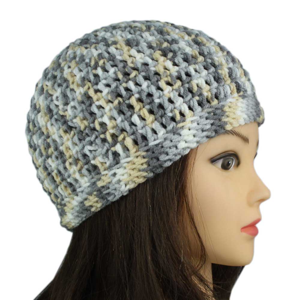 Lilylin Designs Gray White Yellow Small/Medium Crochet Beanie Hat-side