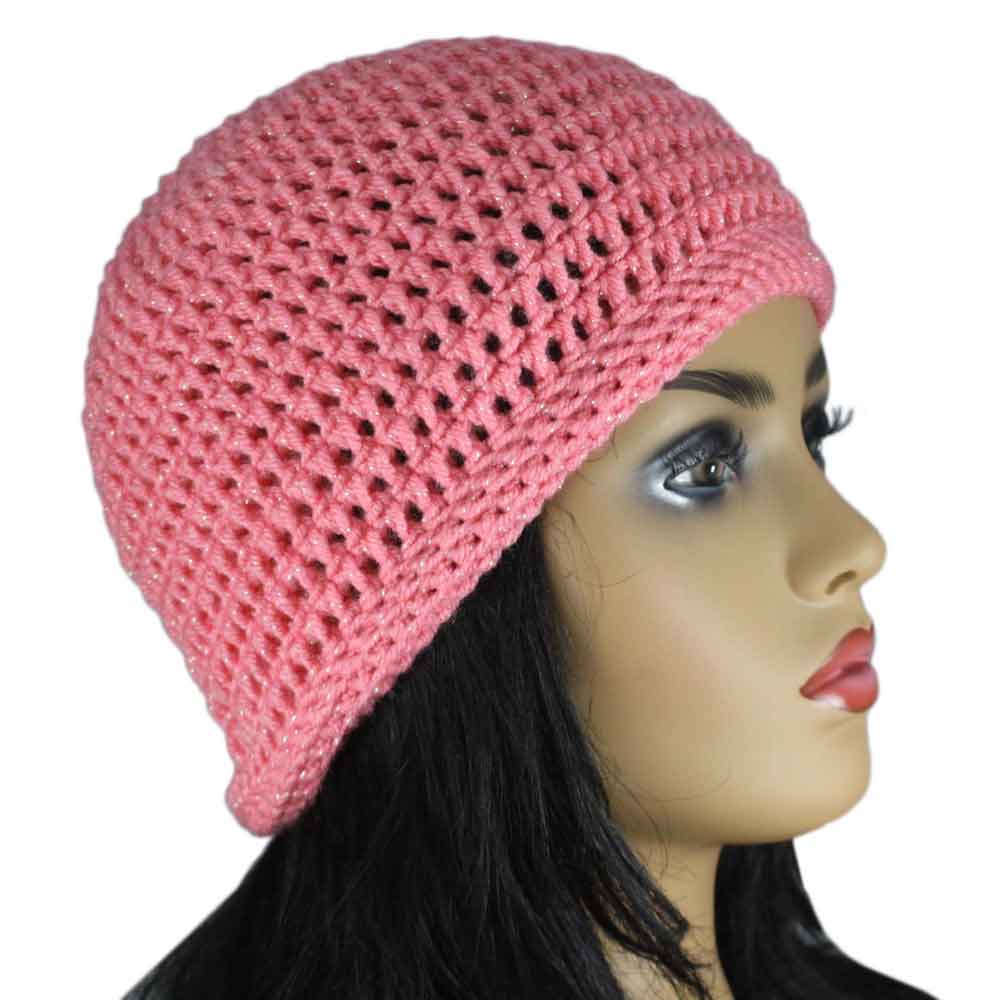 Glittering Pink Medium/Large Crochet Beanie Hat-side