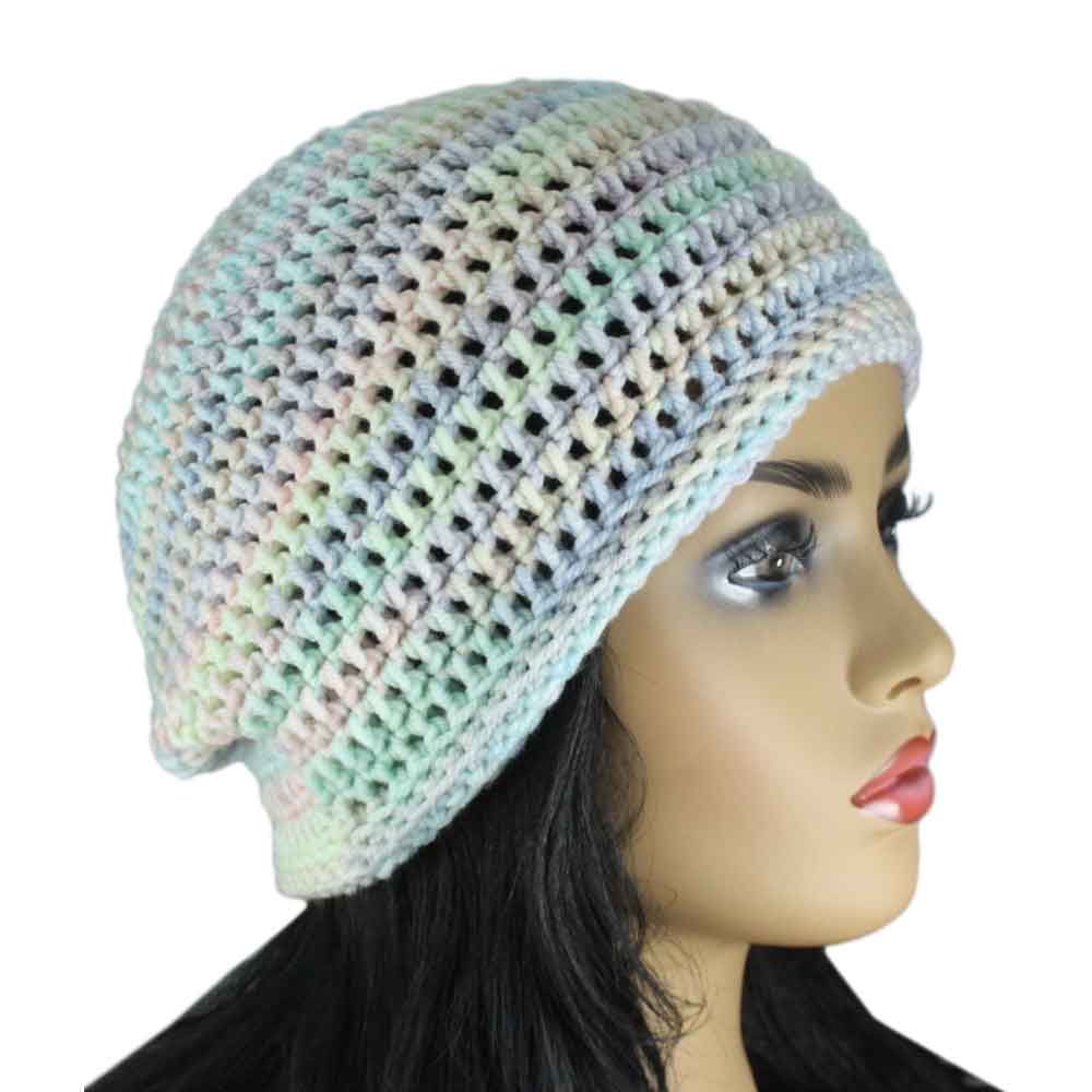 Lilylin Designs Pastel Rainbow Medium/Large Crochet Beanie Hat-side
