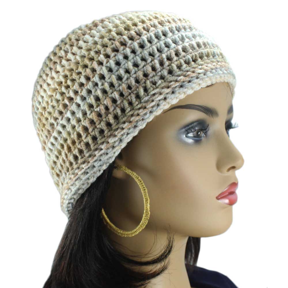 Model with Lilylin Designs Brown and Gray Crochet Beanie Hat Medium/Large and Earrings