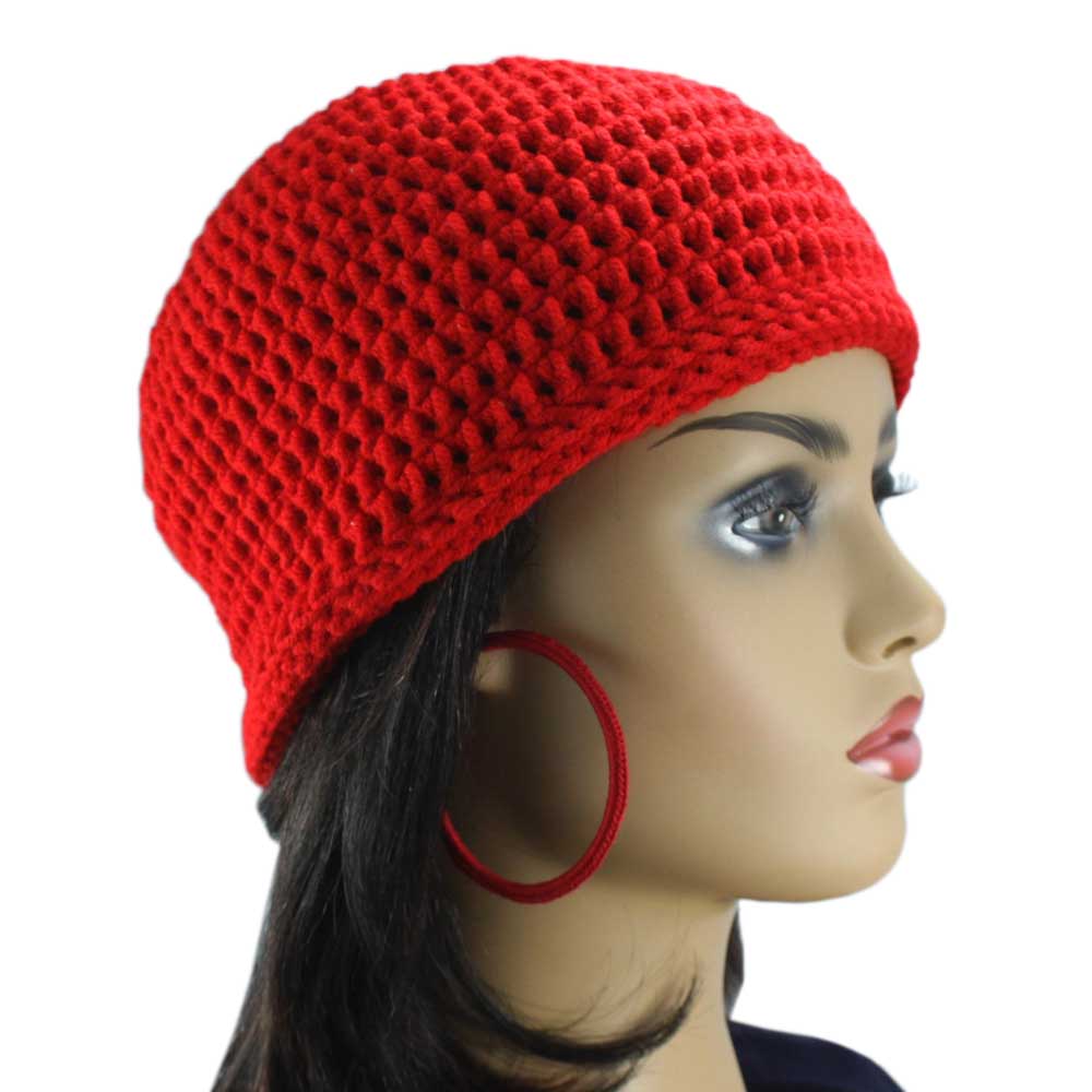 Model with Lilylin Designs Red Hot Crochet Beanie Hat Medium/Large and Hoop Earrings