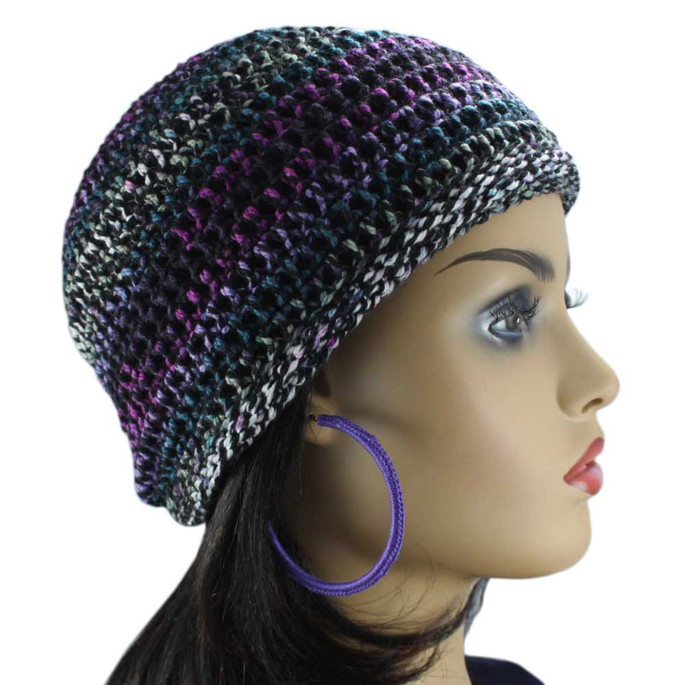 Model with Lilylin Designs Black, Purple, Gray and White Crochet Beanie Hat Medium/Large and Hoop Earrings