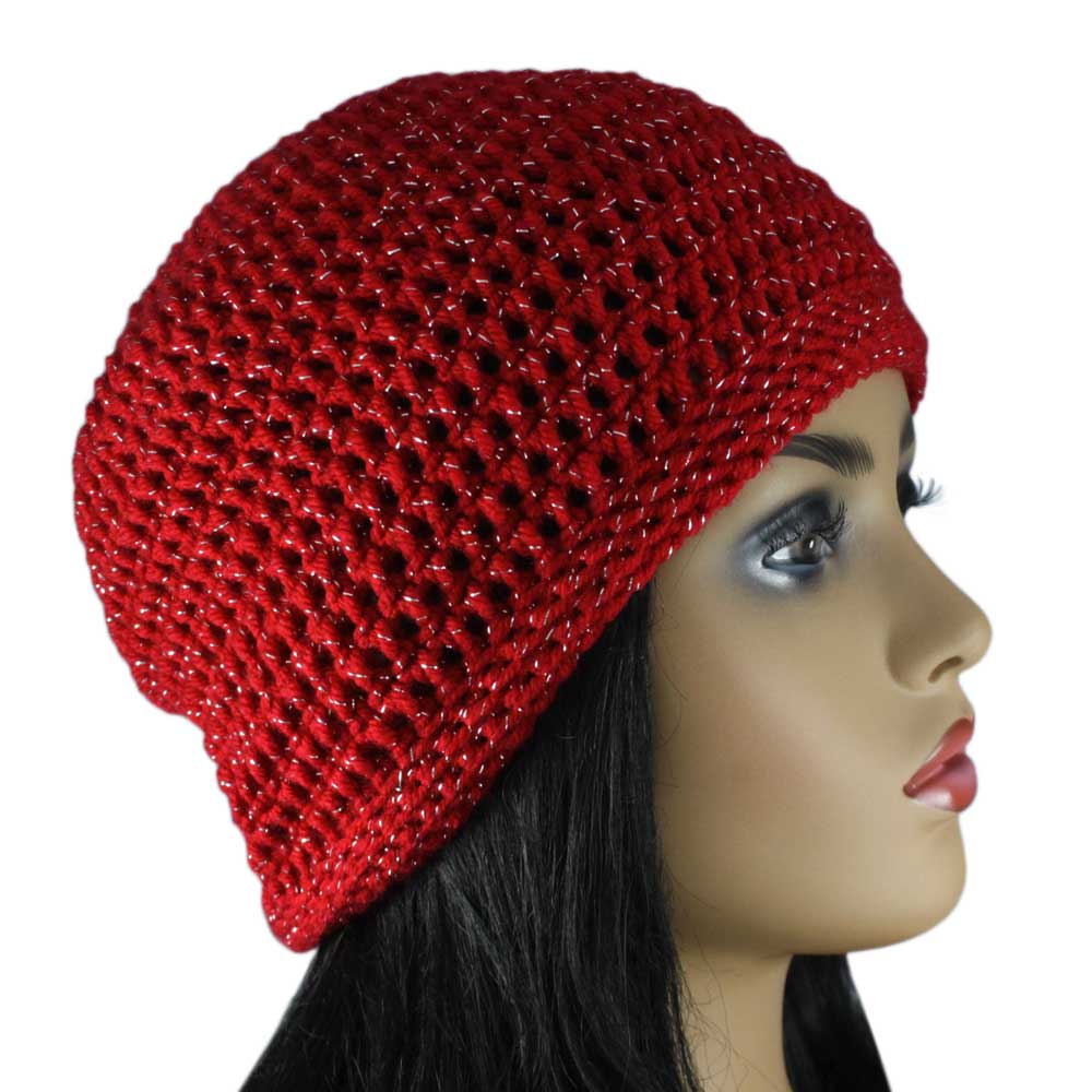 Lilylin Designs Sparkle in Red Crochet Beanie Hat Medium/Large-side