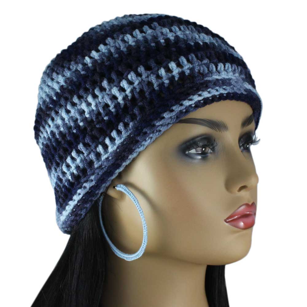 Lilylin Designs Light and Dark Blue Crochet Beanie Hat Medium/Large-side
