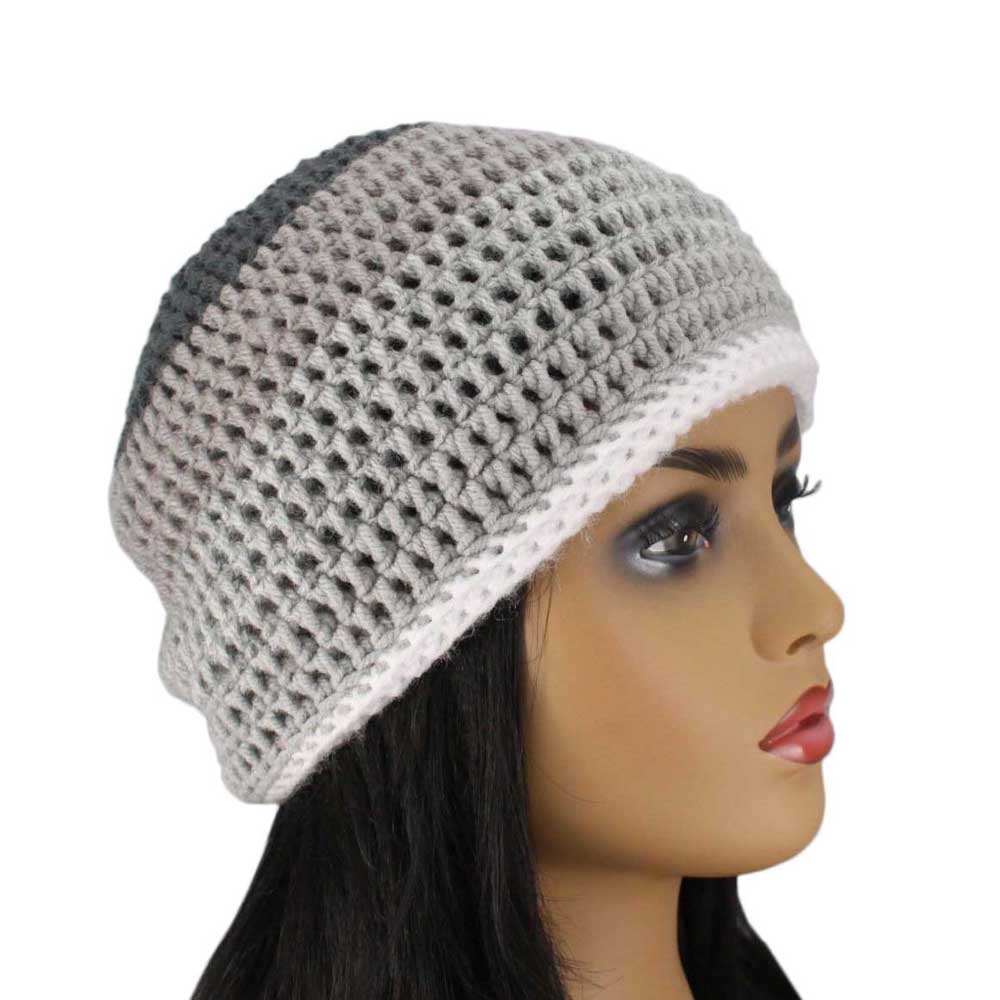 Model with Lilylin Designs Shades of Gray Crochet Beanie Hat Medium/Large-side