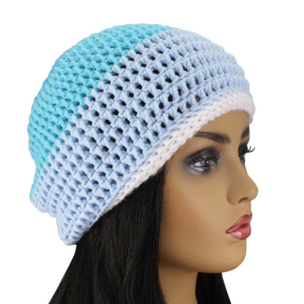 Model with Lilylin Designs Blue Skies Crochet Beanie Hat Medium/Large-side