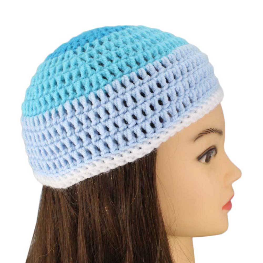 Model with Lilylin Designs Blue Skies Crochet Beanie Hat Small/Medium-side