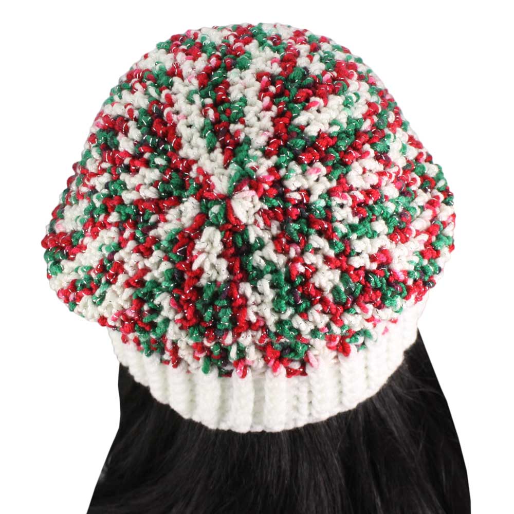 Back view of Red White Green Christmas Slouch Beanie Hat Medium/Large | Lilylin Designs