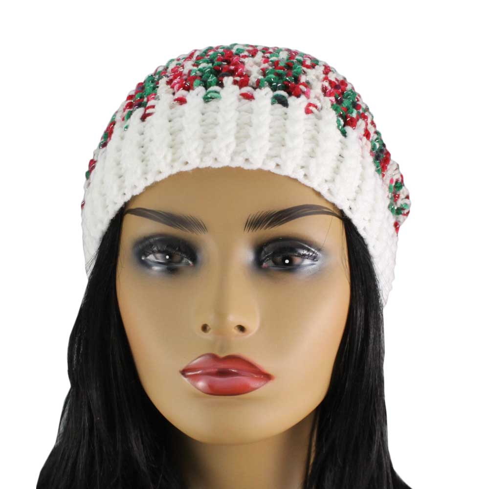 Front view of model wearing Red White Green Christmas Slouch Beanie Hat Medium/Large | Lilylin Designs