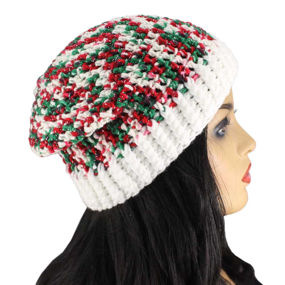 Side view of model wearing Red White Green Christmas Slouch Beanie Hat Medium/Large | Lilylin Designs
