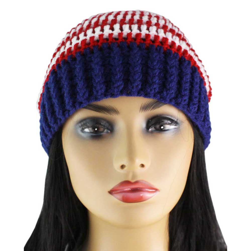 Red White Blue Crochet Beanie Hat with Band Med/Lg - JMCH54ML - Lilylin Designs