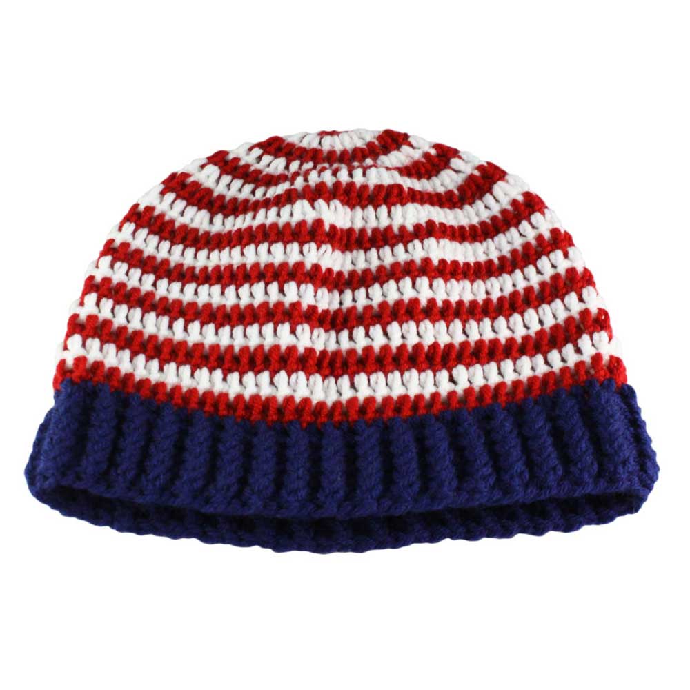 Lilylin Designs Red White Blue Crochet Beanie Hat with Band Medium/Large