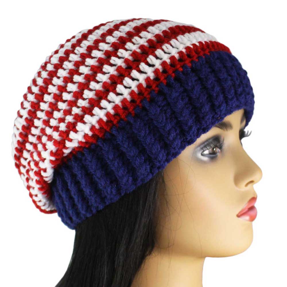 Red White Blue Crochet Beanie Hat with Band Med/Lg - JMCH54ML - Lilylin Designs
