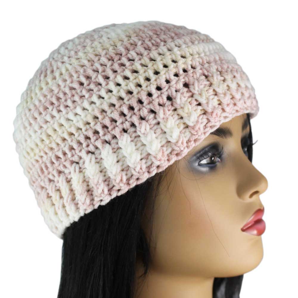 Pink Beige White Crochet Snug Beanie Hat Med/Lg - JMCH57ML - Lilylin Designs